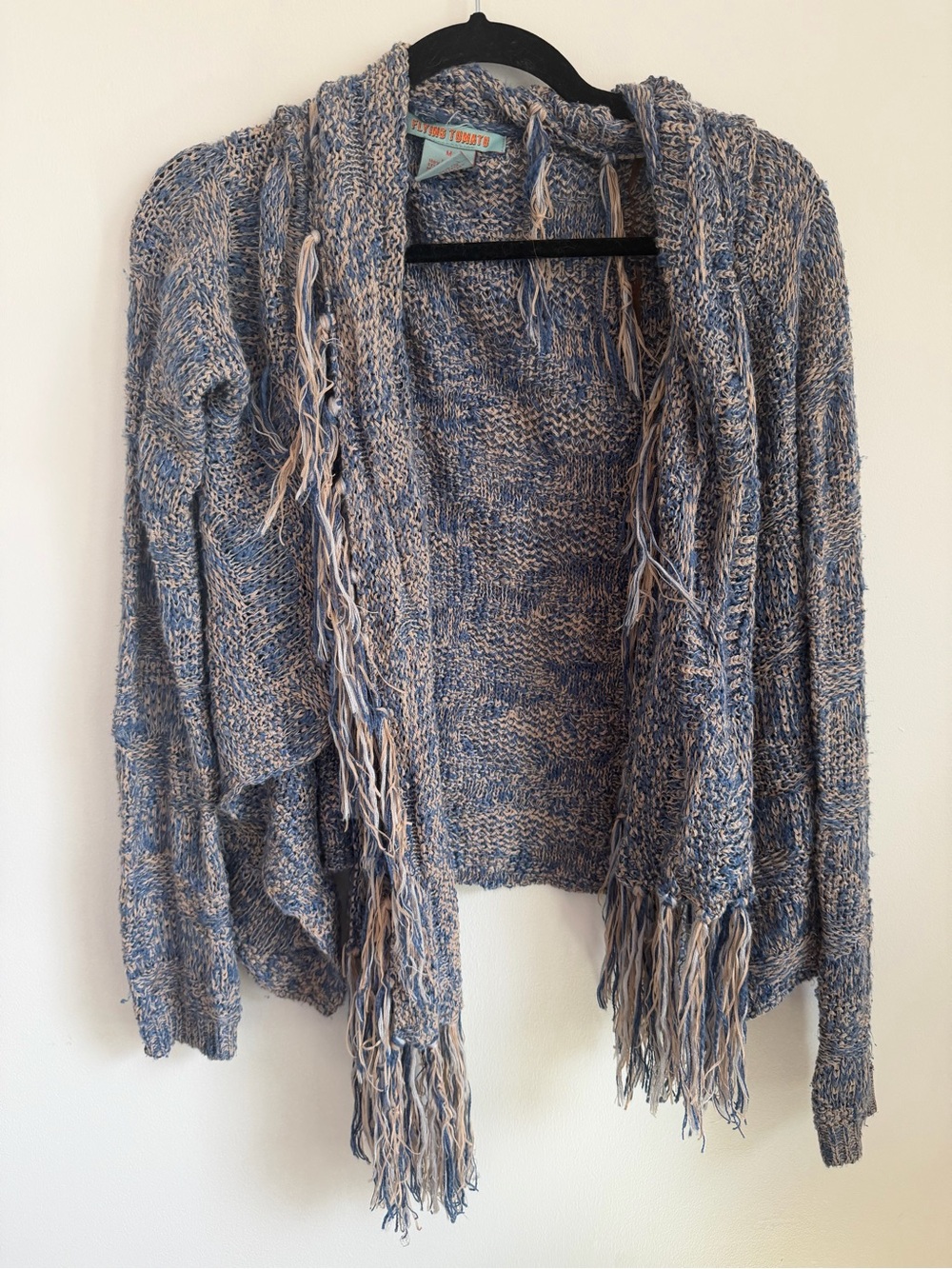Flying Tomato Blue and Beige Marled Fringe Open-Front Sweater